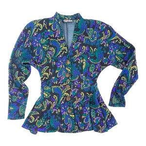 Vintage 80's All That Jazz Floral Peplum Knit Purple Green Black Blazer Sz S